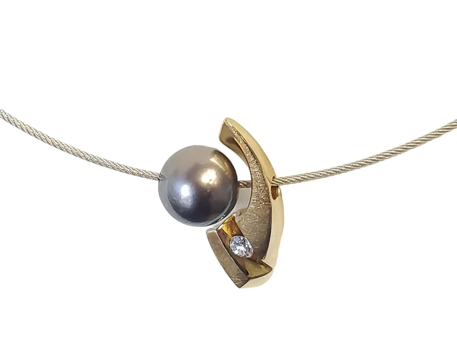 18k Estate Designer Tahitian Pearl Diamond Steel Cable Necklace - Joseph Diamonds