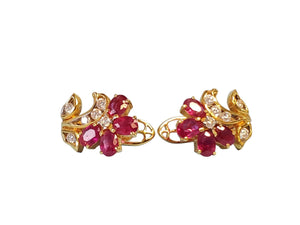 18k Yellow Gold Flower Earrings with VS Diamonds and Oval Rubies - Joseph Diamonds