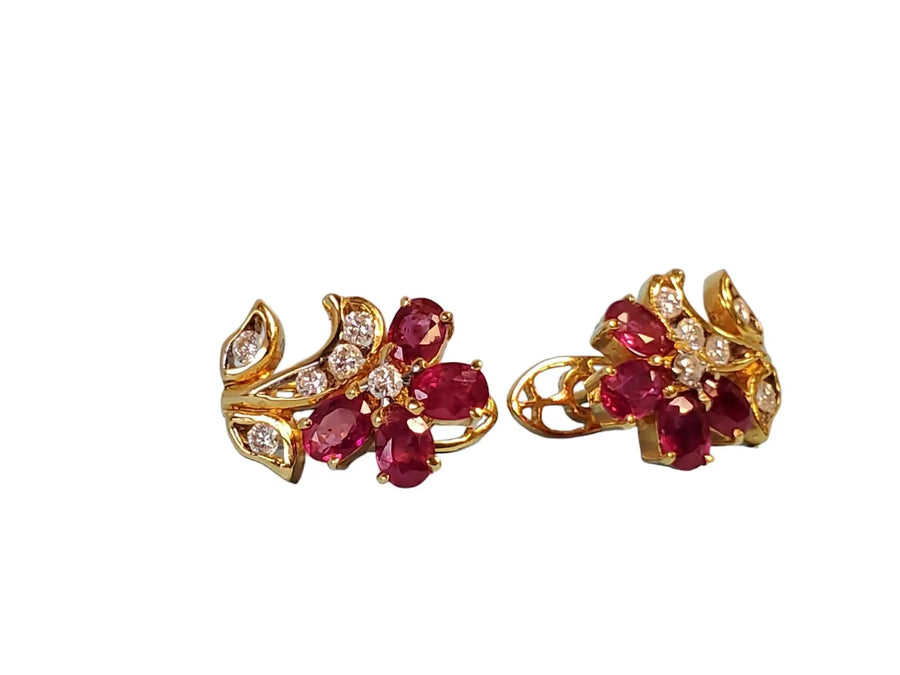 18k Yellow Gold Flower Earrings with VS Diamonds and Oval Rubies - Joseph Diamonds