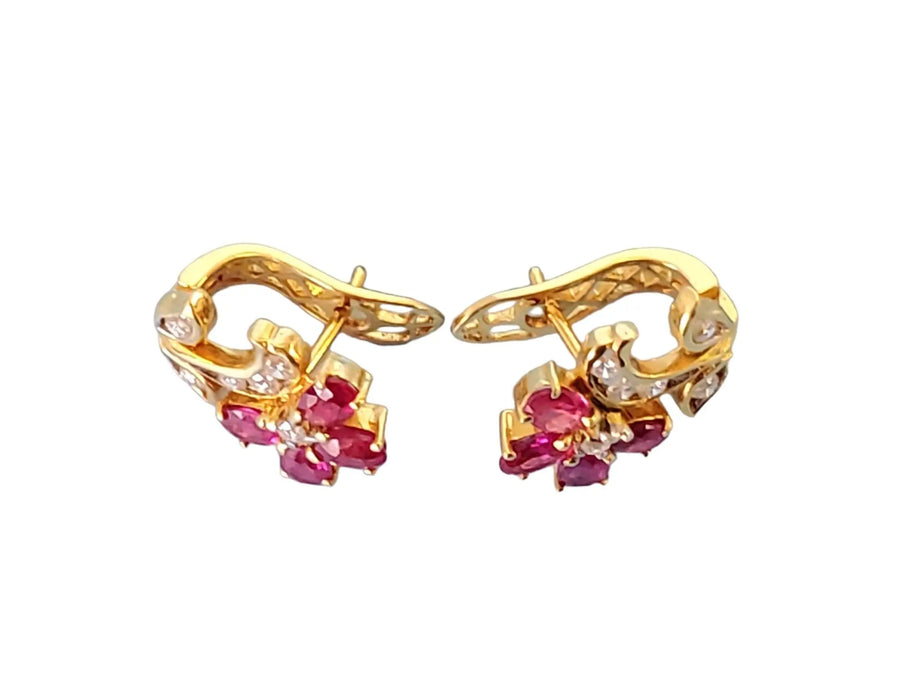 18k Yellow Gold Flower Earrings with VS Diamonds and Oval Rubies - Joseph Diamonds