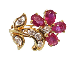 18k Yellow Gold Flower Earrings with VS Diamonds and Oval Rubies - Joseph Diamonds