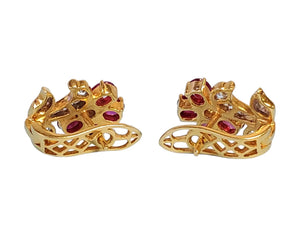 18k Yellow Gold Flower Earrings with VS Diamonds and Oval Rubies - Joseph Diamonds