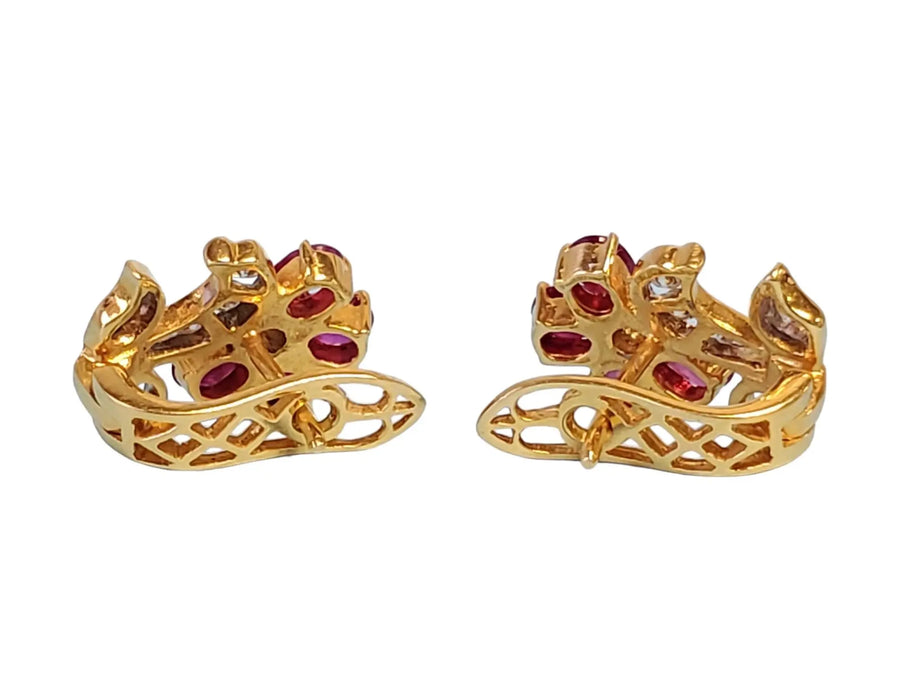 18k Yellow Gold Flower Earrings with VS Diamonds and Oval Rubies - Joseph Diamonds