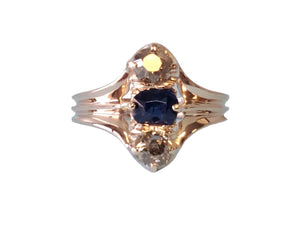 Antique 14k 3 stone Ring Mine Cut Blue Sapphire with Old Euro Diamonds