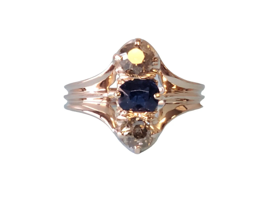 Antique 14k 3 stone Ring Mine Cut Blue Sapphire with Old Euro Diamonds