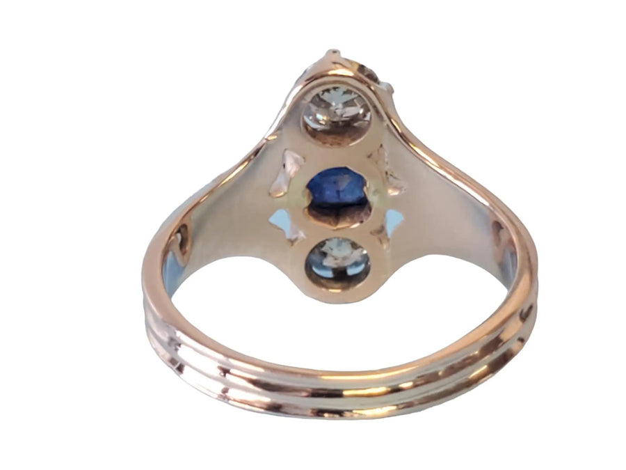 Antique 14k 3 stone Ring Mine Cut Blue Sapphire with Old Euro Diamonds