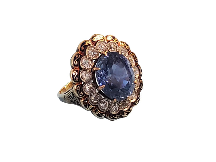 Antique Victorian Oval Blue Sapphire Sri Lanka No Heat 9.19ct, 2.5tcw Diamonds - Joseph Diamonds