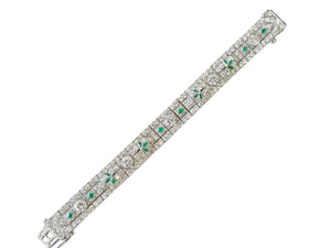 Art Deco Bracelet 12.5tcw Diamonds in Platinum with Colombian Emeralds - Joseph Diamonds