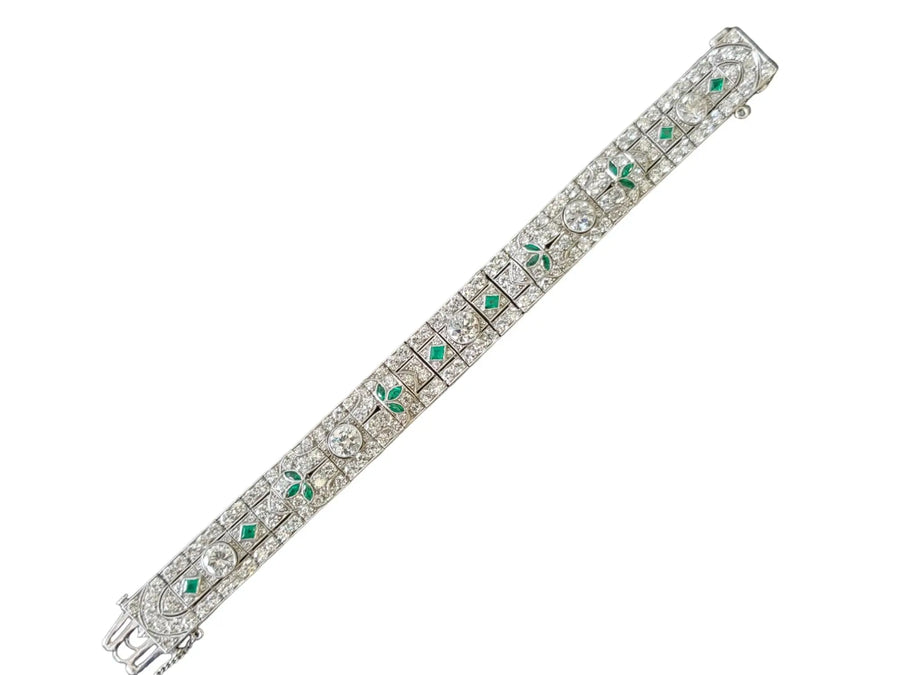 Art Deco Bracelet 12.5tcw Diamonds in Platinum with Colombian Emeralds - Joseph Diamonds