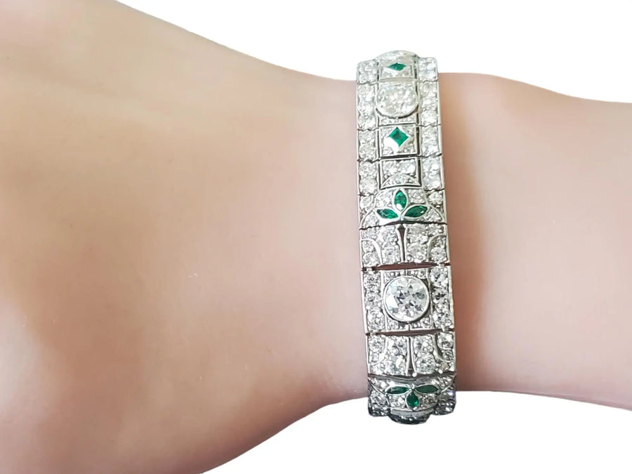 Art Deco Bracelet 12.5tcw Diamonds in Platinum with Colombian Emeralds - Joseph Diamonds