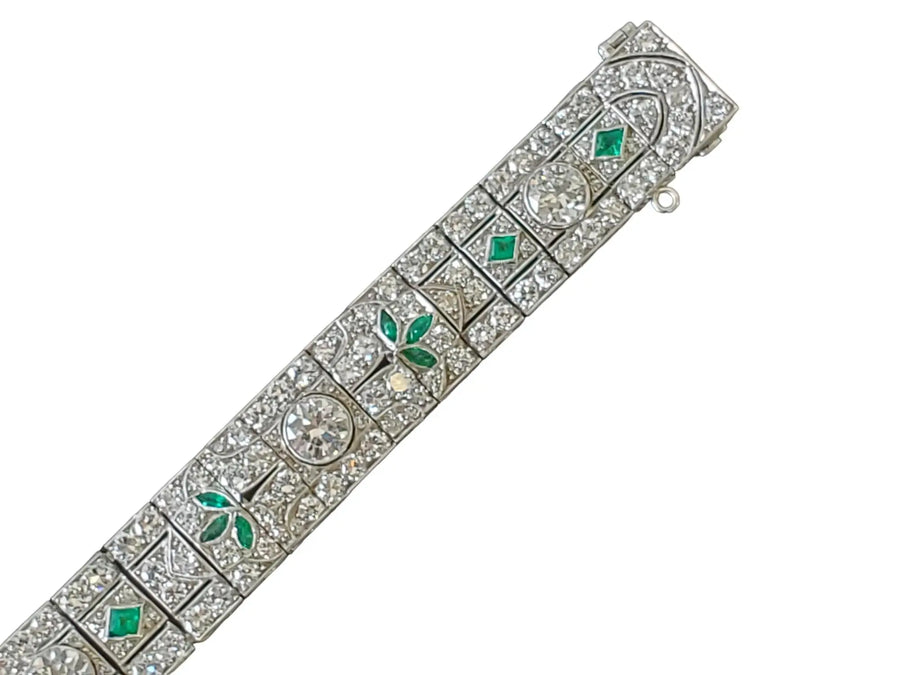 Art Deco Bracelet 12.5tcw Diamonds in Platinum with Colombian Emeralds - Joseph Diamonds