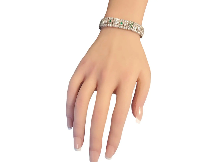 Art Deco Bracelet 12.5tcw Diamonds in Platinum with Colombian Emeralds - Joseph Diamonds