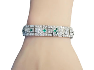 Art Deco Bracelet 12.5tcw Diamonds in Platinum with Colombian Emeralds - Joseph Diamonds