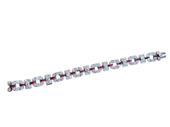 Art Deco Diamond Platinum Bracelet 9tcw old Euro VS Diamonds and Rubies Original - Joseph Diamonds