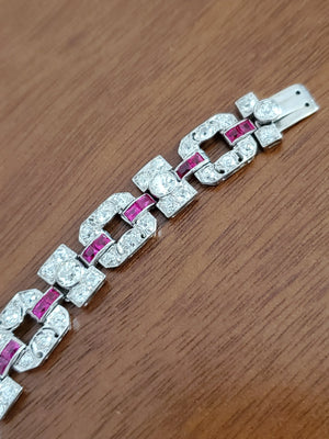 Art Deco Diamond Platinum Bracelet 9tcw old Euro VS Diamonds and Rubies Original - Joseph Diamonds