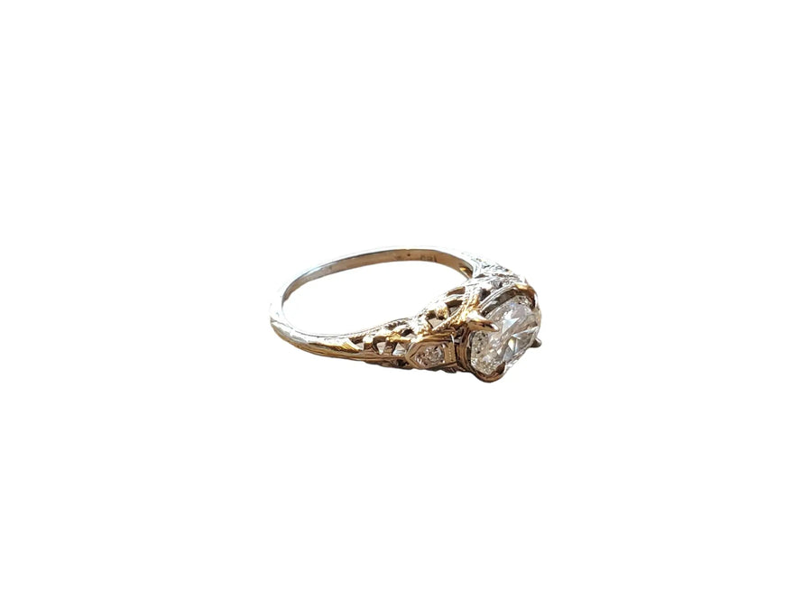 Art Deco Diamond Ring Oval Diamond .90ct K VS 18k White Gold Vintage Ring - Joseph Diamonds