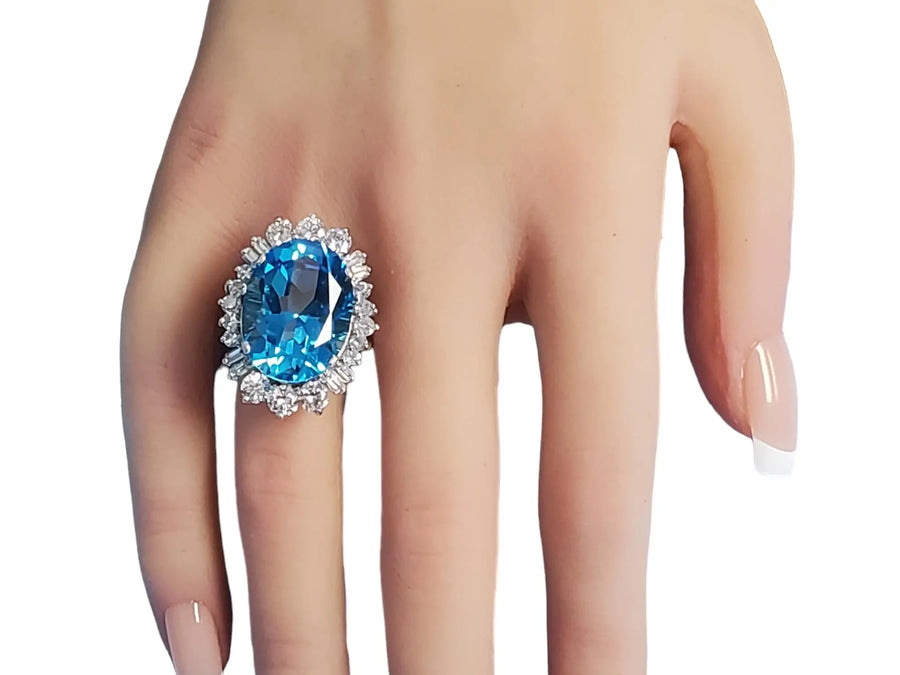 Estate 14k Topaz 3tcw Diamond Cocktail Ring Big Blue Oval