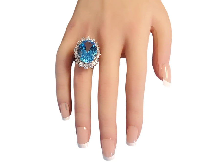 Estate 14k Topaz 3tcw Diamond Cocktail Ring Big Blue Oval