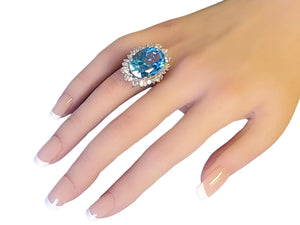 Estate 14k Topaz 3tcw Diamond Cocktail Ring Big Blue Oval