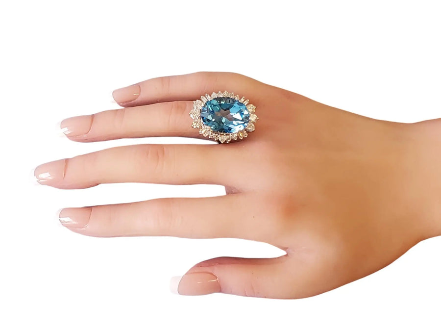 Estate 14k Topaz 3tcw Diamond Cocktail Ring Big Blue Oval