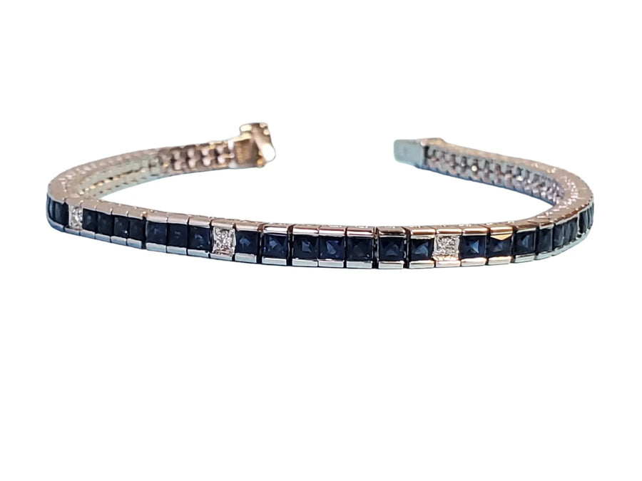 Estate 18k White Gold Sapphire and Diamond Line Bracelet - Joseph Diamonds