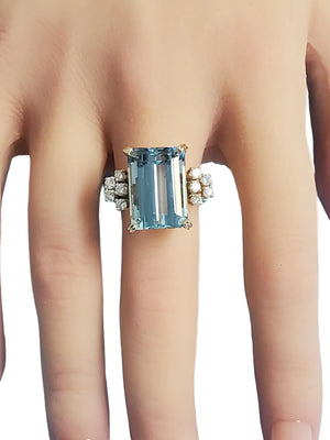 Estate Aquamarine Emerald Cut Diamond Ring 14k Yellow Gold - Joseph Diamonds