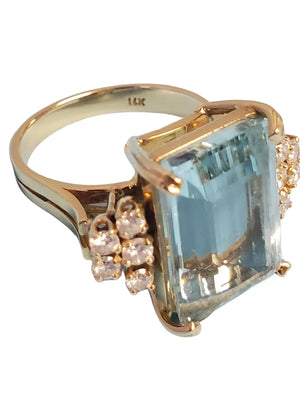 Estate Aquamarine Emerald Cut Diamond Ring 14k Yellow Gold - Joseph Diamonds