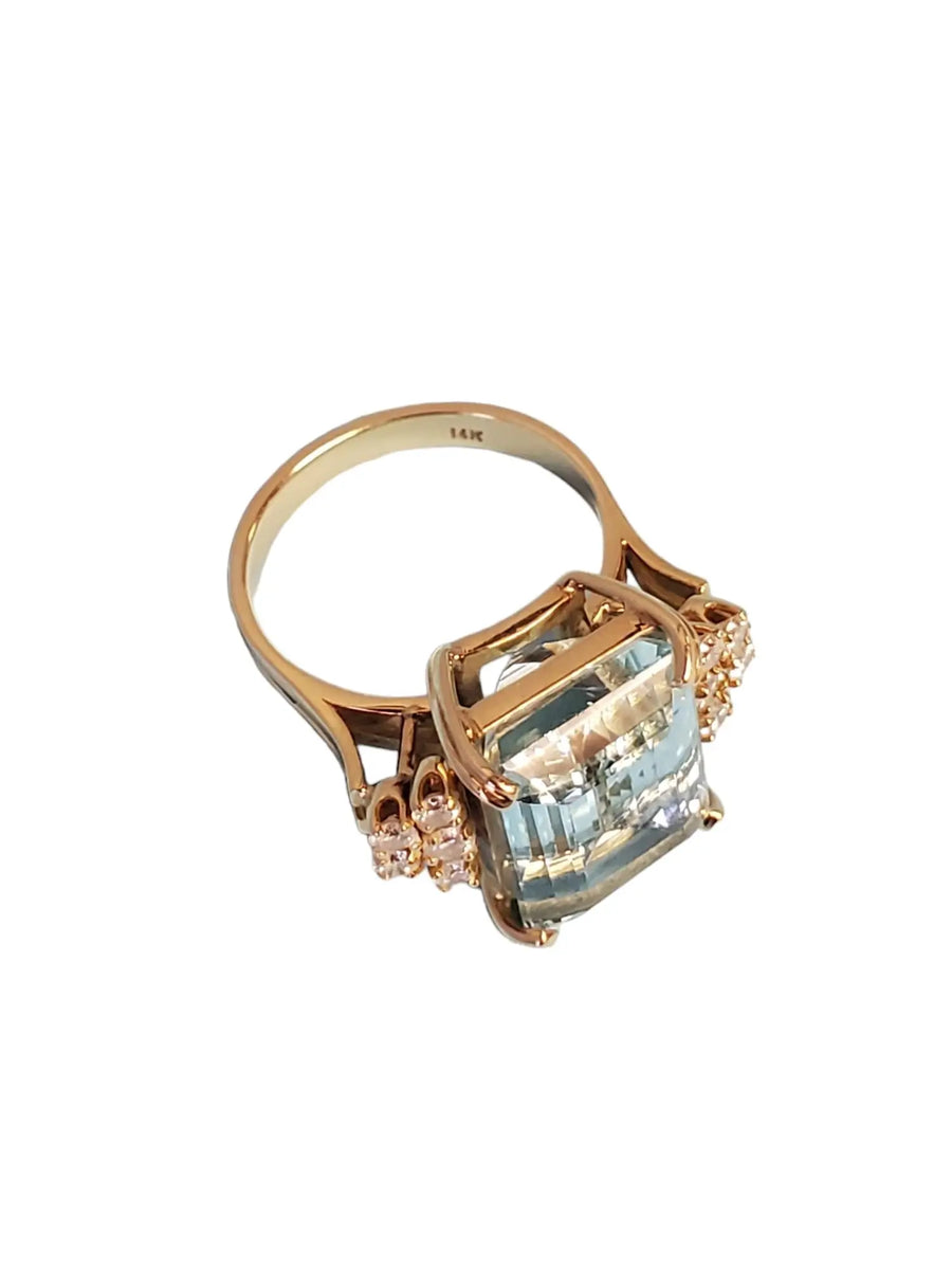 Estate Aquamarine Emerald Cut Diamond Ring 14k Yellow Gold - Joseph Diamonds