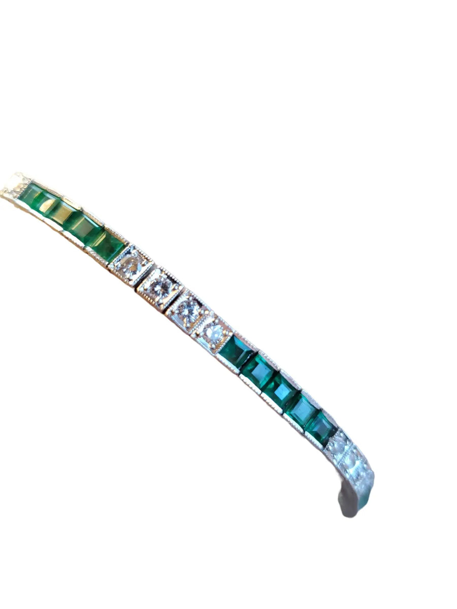 Estate Art Deco Style Diamond Platinum Bracelet .96tcw old VS Diamonds Emeralds - Joseph Diamonds