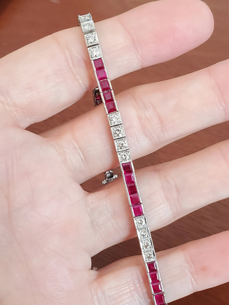 Estate Art Deco Style Diamond Platinum Bracelet .96tcw old VS Diamonds Rubies - Joseph Diamonds