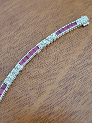 Estate Art Deco Style Diamond Platinum Bracelet .96tcw old VS Diamonds Rubies - Joseph Diamonds