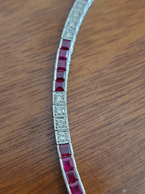 Estate Art Deco Style Diamond Platinum Bracelet .96tcw old VS Diamonds Rubies - Joseph Diamonds