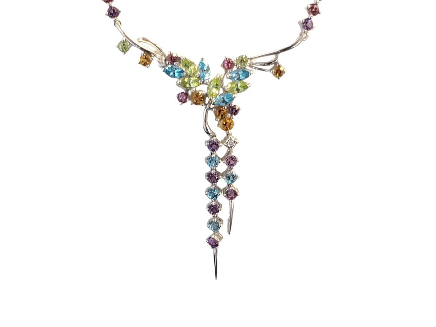 Estate Fine Necklace 14k White Gold Diamond and Gems Multicolor - Joseph Diamonds