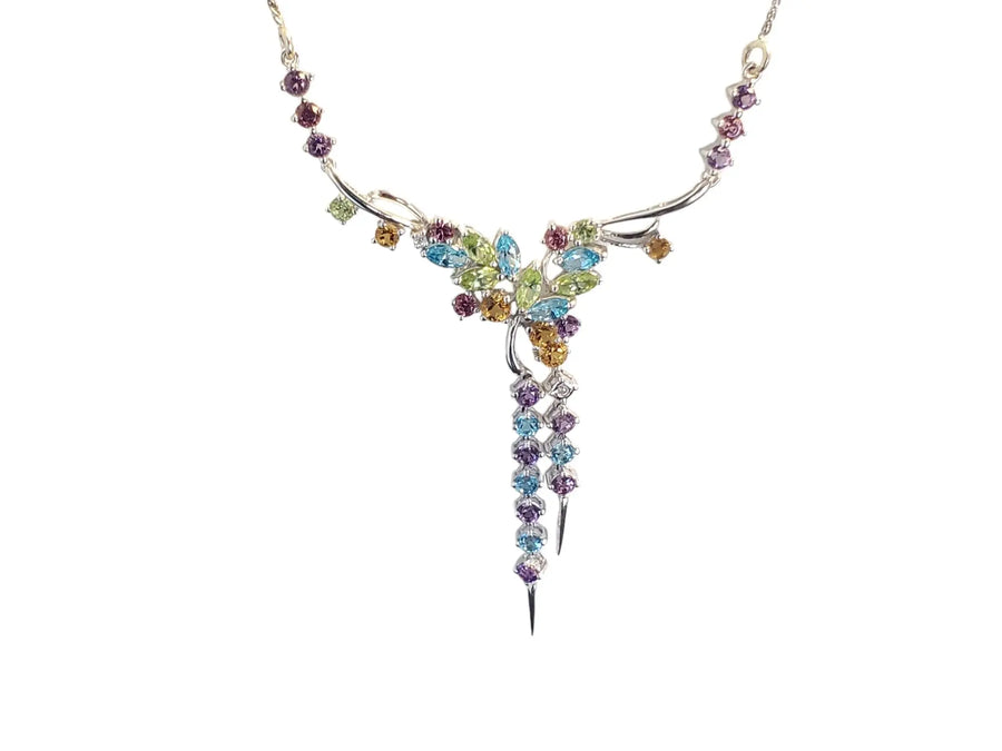 Estate Fine Necklace 14k White Gold Diamond and Gems Multicolor - Joseph Diamonds