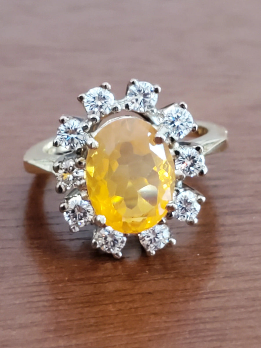 Estate Fire Opal Oval Stone Diamond Halo Colorless VS Diamonds 18k yellow gold - Joseph Diamonds