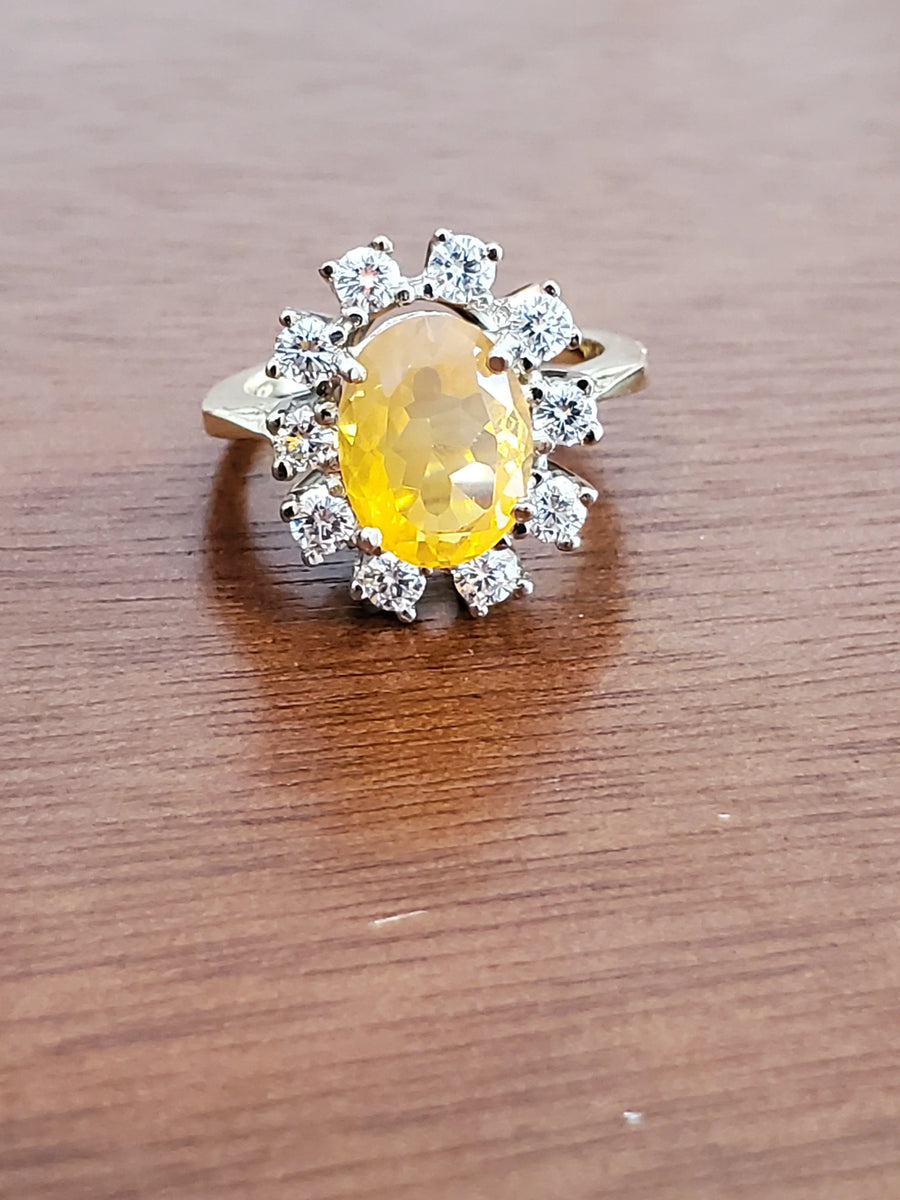 Estate Fire Opal Oval Stone Diamond Halo Colorless VS Diamonds 18k yellow gold - Joseph Diamonds