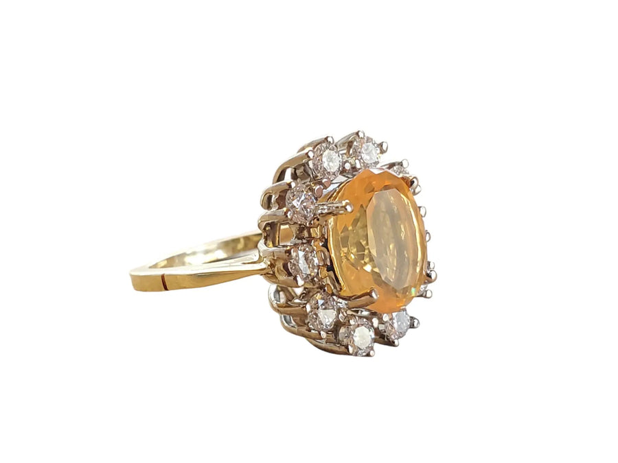 Estate Fire Opal Oval Stone Diamond Halo Colorless VS Diamonds 18k yellow gold - Joseph Diamonds