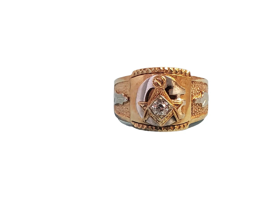 Estate Mason Ring 10k gold Masonic Ring .33ct Old Euro Diamond - Joseph Diamonds