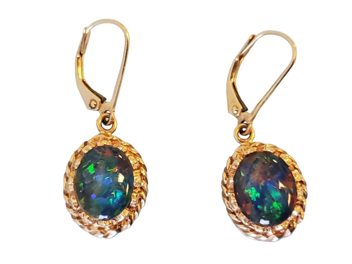 Estate Vintage Oval Black Opal Drop Earrings 14k Yellow Gold Doublets - Joseph Diamonds