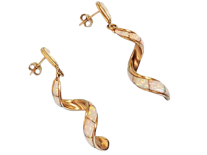 Estate White Opal Inlay Spiral Drop Earrings 14k Yellow Gold - Joseph Diamonds