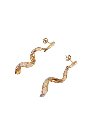 Estate White Opal Inlay Spiral Drop Earrings 14k Yellow Gold - Joseph Diamonds