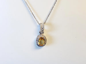 Estate Yellow Oval Sapphire and Diamond Necklace White Gold Pendant Link Chain - Joseph Diamonds