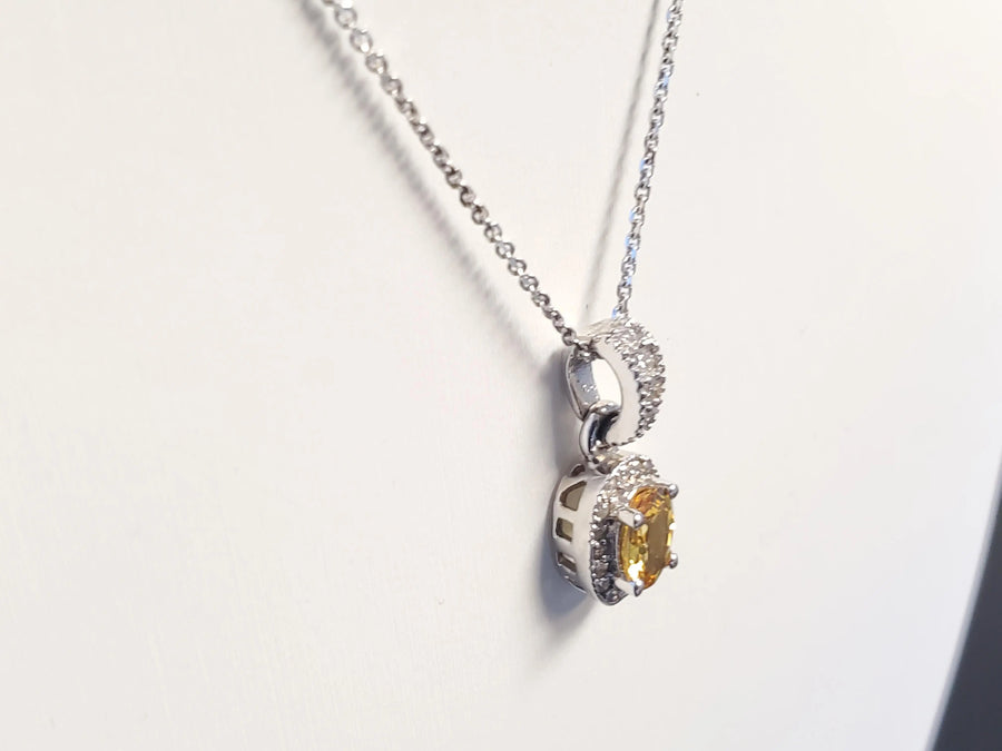 Estate Yellow Oval Sapphire and Diamond Necklace White Gold Pendant Link Chain - Joseph Diamonds