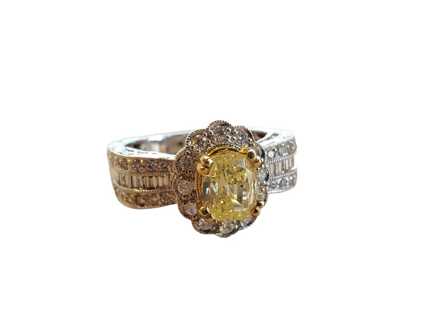 Fancy Yellow Diamond Ring 2.25tcw Euro Shank 18k White Gold Ring 1.65ct Center - Joseph Diamonds