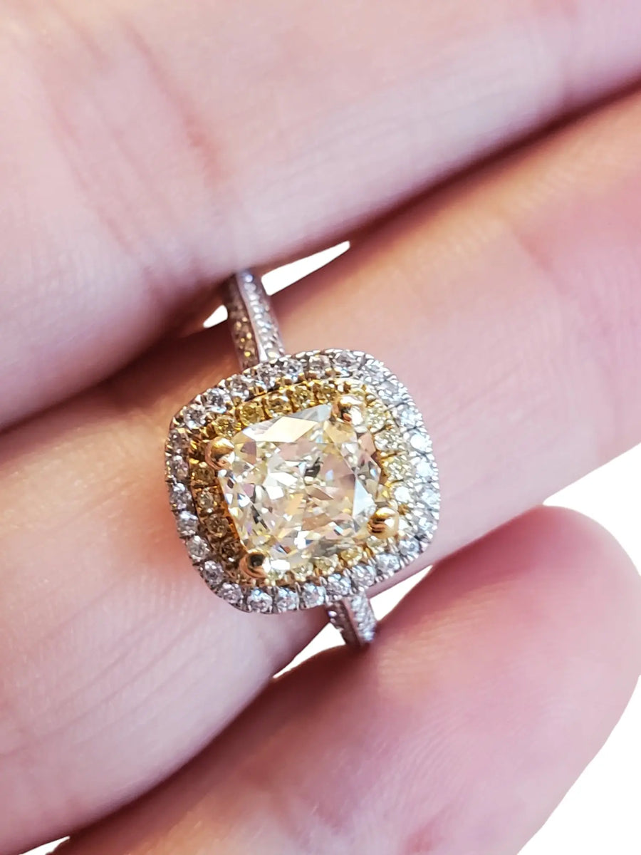 Fancy Yellow Diamond Ring 2tcw 18k White Gold Ring 1.41ct cushion Diamond Center - Joseph Diamonds