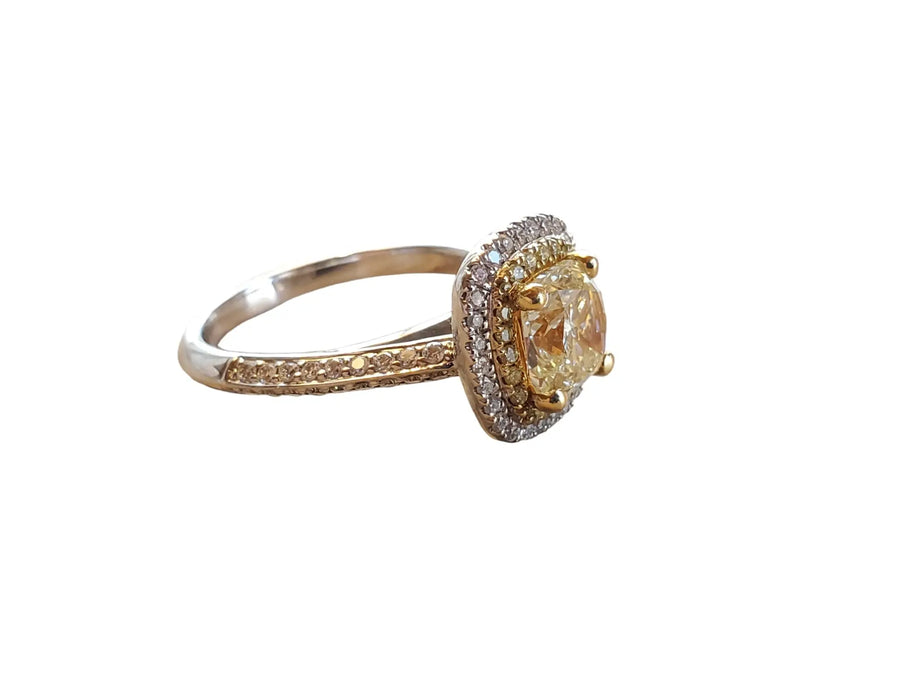 Fancy Yellow Diamond Ring 2tcw 18k White Gold Ring 1.41ct cushion Diamond Center - Joseph Diamonds