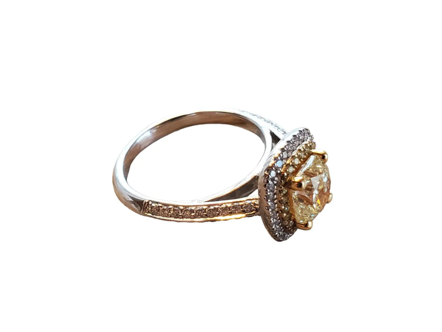 Fancy Yellow Diamond Ring 2tcw 18k White Gold Ring 1.41ct cushion Diamond Center - Joseph Diamonds