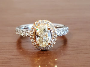 Light Yellow Oval 1.00 ct Center Diamond Ring 18k White and Rose Gold 1.6tcw - Joseph Diamonds