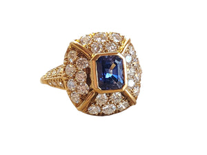 Estate Sapphire and Diamond 18k Yellow Gold Ring Colorless VS Diamonds