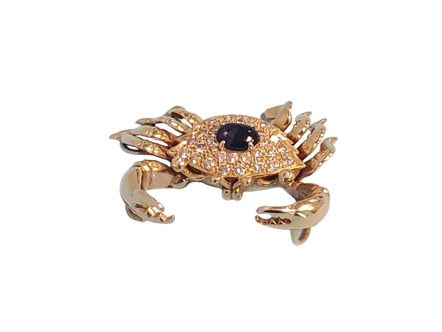 Vintage Crab Slide Pendant 14k Yellow Gold Diamonds and Blue Sapphire Cabochon